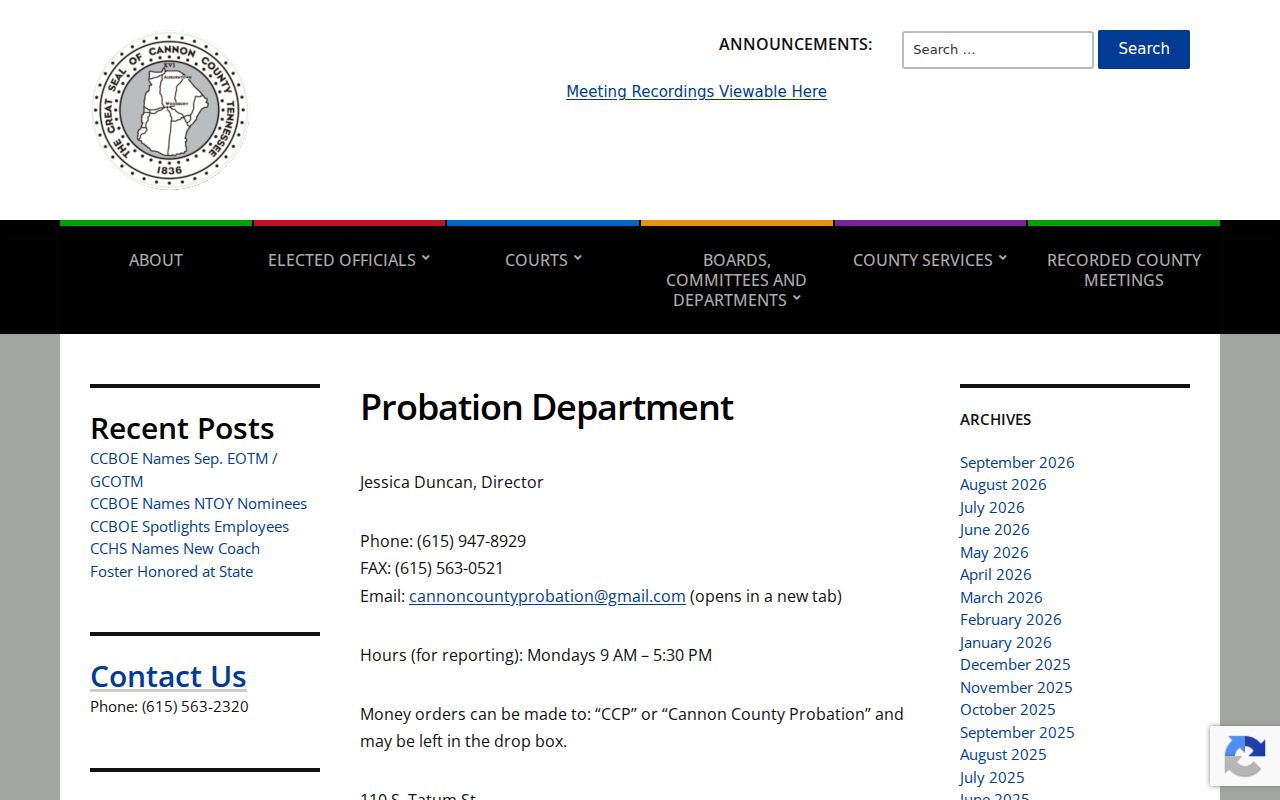 Cannon County warrant search: probation reporting and money-order drop box notice