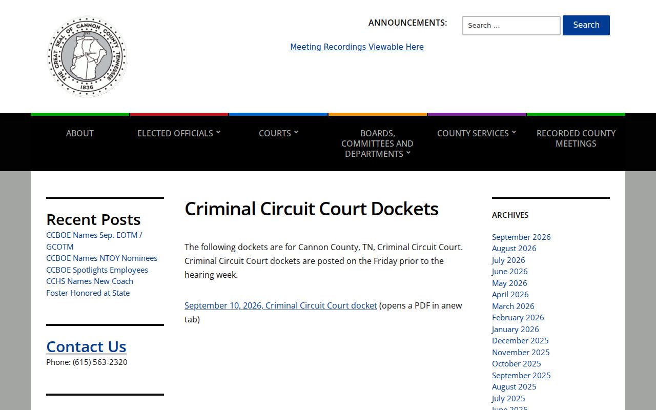 Cannon County active warrant records: Criminal Circuit Court docket route