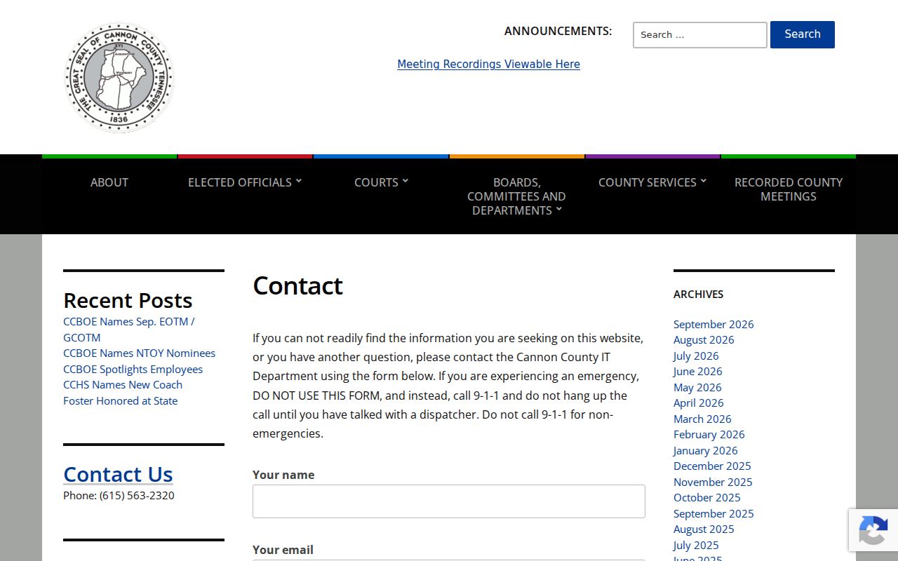 Cannon County bench warrant records: general county contact form, not a warrant portal