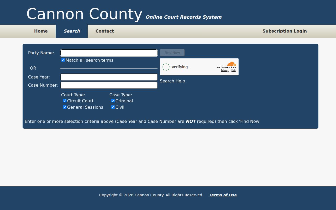 Cannon County bench warrant records: public portal search fields and court selections