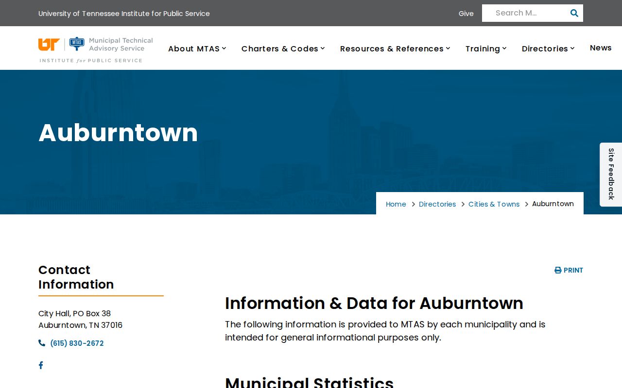 Auburntown warrant records: city population and office-hours listing